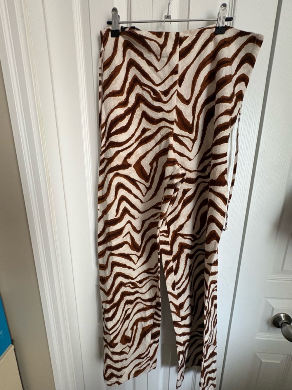 Zara White and Brown Zebra-Print Wide-Leg Pants